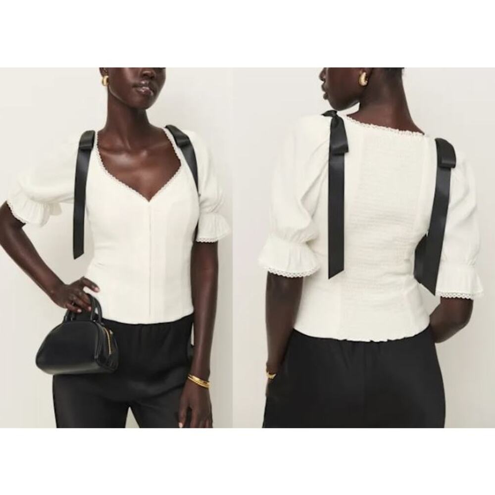 Reformation Inara Top Cropped Smocked Lace Trim Bow Shoulders Gossamer Size 6 - Picture 2 of 8